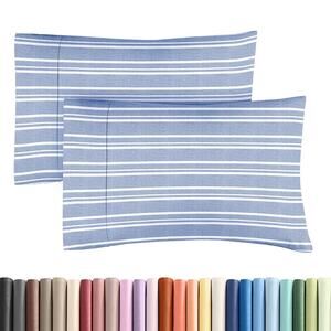 King Standard Pillow Cases Set Of 2 Ultra-Soft Pillowcase Covers Blue Stripe New